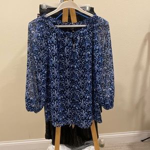 Talbots blue, silver, white, and black blouse